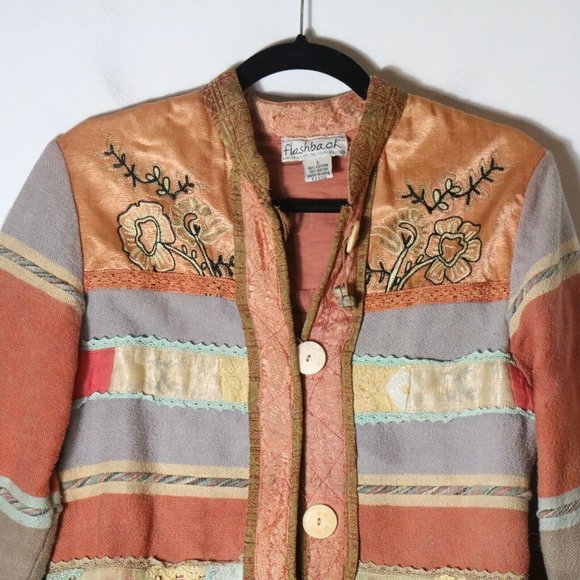 Vintage Flashback Boho Patchwork Tapestry Button Jacket Floral Striped Cotton - Picture 2 of 8